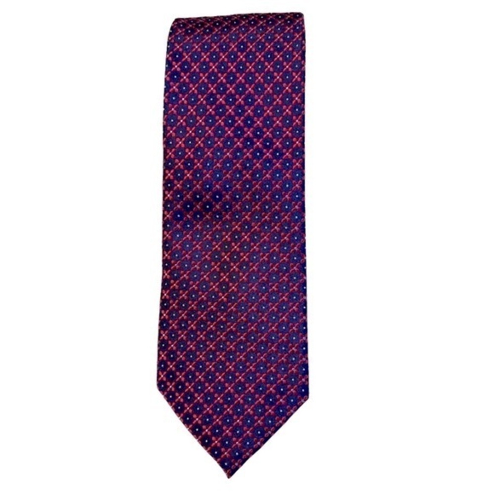 Pronto Uomo Red & Navy & Blue Skinny Diagonal Geometric Embroidered Silk Tie 3”